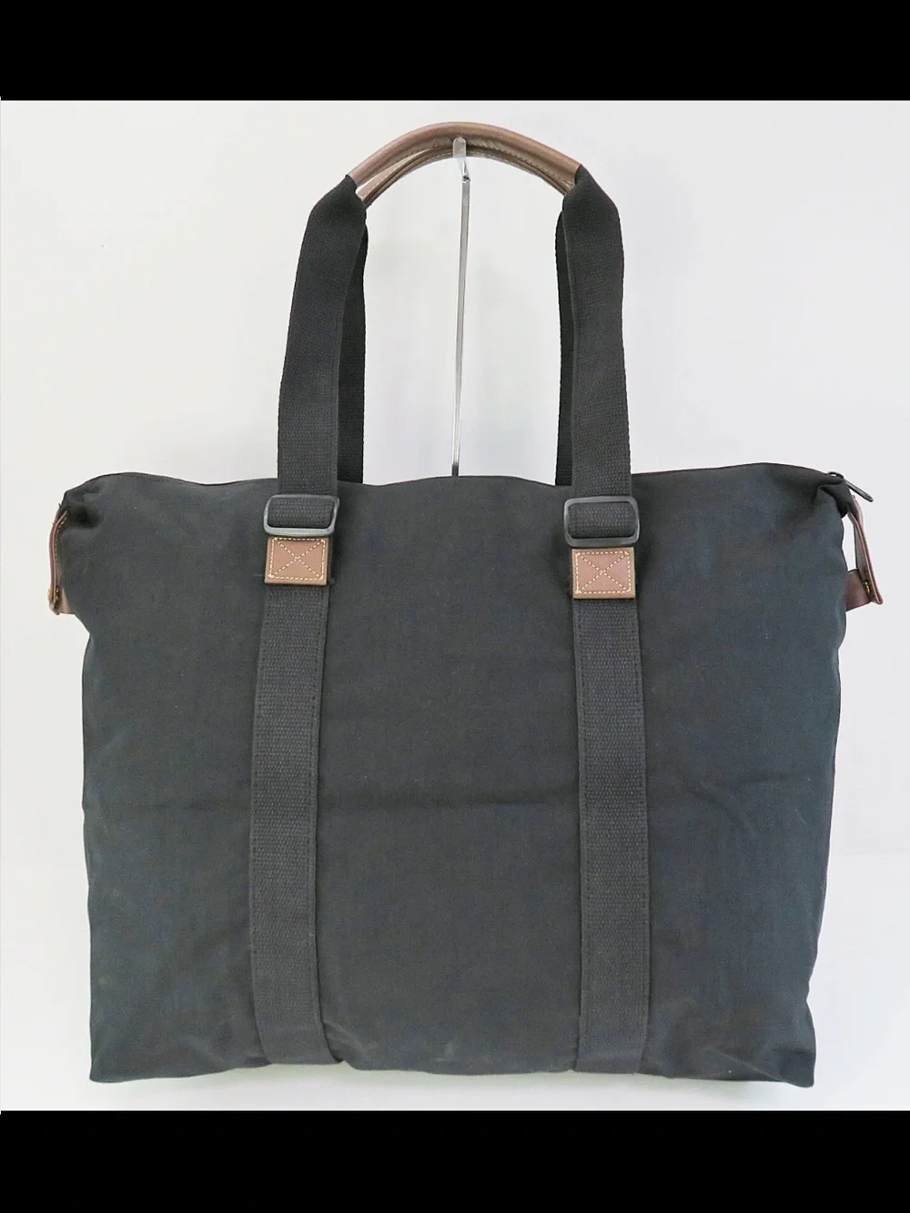 Roberta di Camerino Black Canvas Tote with Brown Trim and Gold Plaque